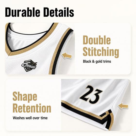 Custom Name Number Basketball Jersey Set, White Black Gold Contrast Uniform